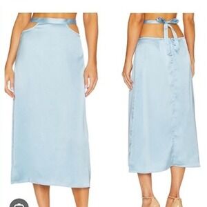 We Wore What Midi Skirt‎ Tie Waist Cut Out Satin Blue Size Small